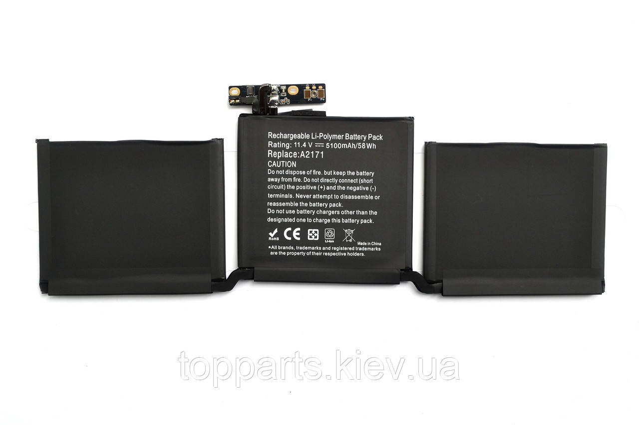 Батарея для ноутбука Apple A2171, 58Wh (5100mAh), 3cell, 11.4V, Li-Pol, чорна