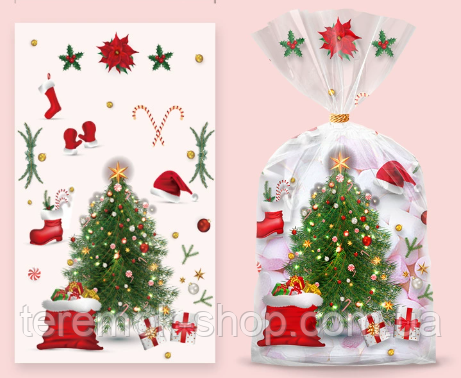 Пакети Новорічне подарункові з малюнком прозоріЯлинка Різдво фасувальні з затискачами 10 шт 23х14, фото 1
