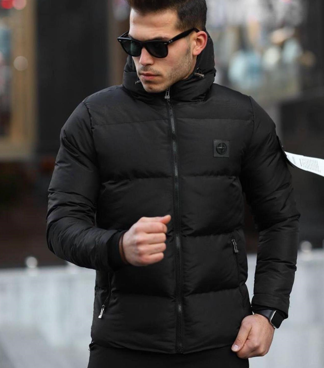 Чоловіча зимова куртка Stone Island чорна з капюшоном пуховик Стон Айленд молодіжна брендова дута тепла, фото 1