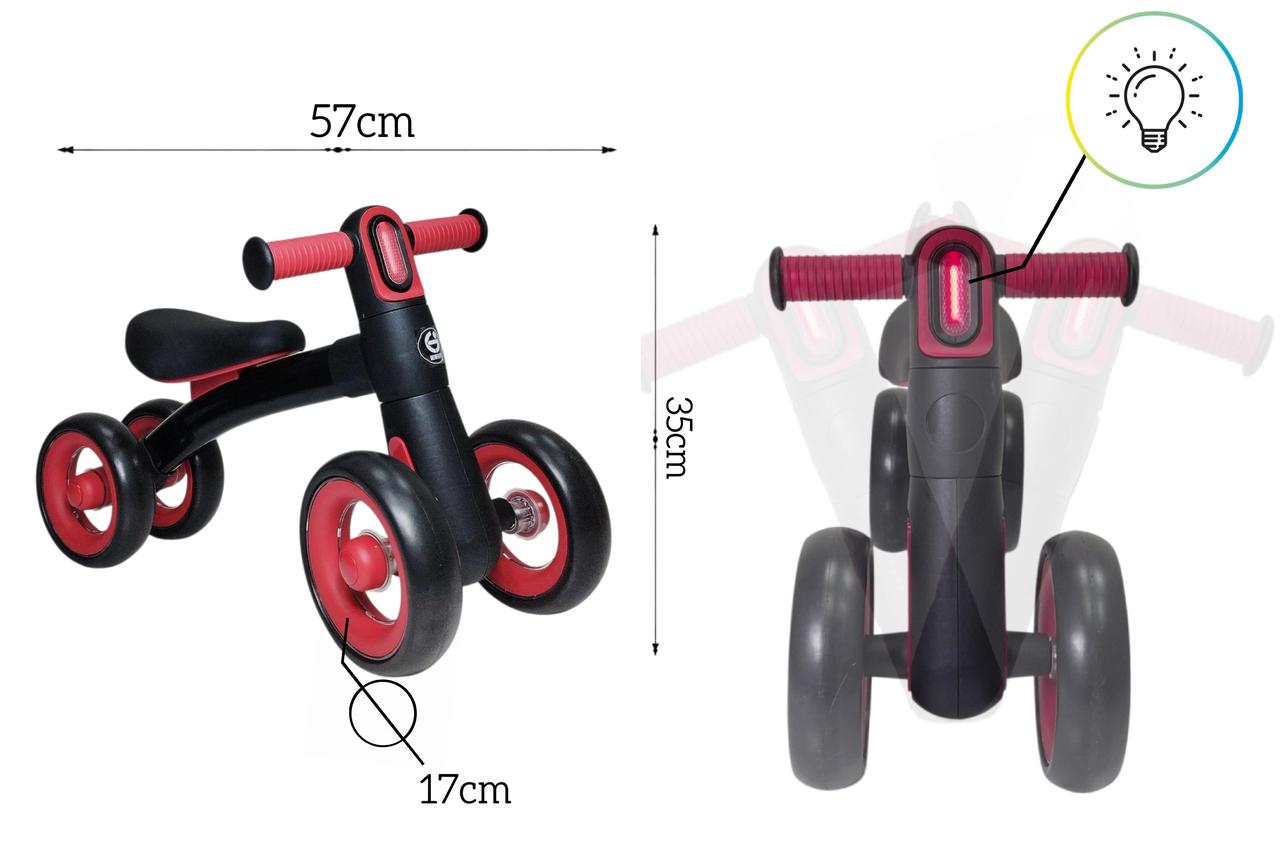 Дитячий велобіг для малюків 1,5-4 роки Balance Light з ліхтариком, 4 колеса. Чорно-червоний, фото 1