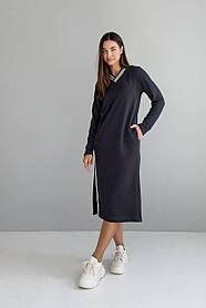 Сукня жіноча пряма трикотажна міді з лампасами і розрізом збоку 44-54 разміри фуме