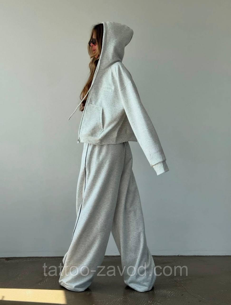 Стильний костюм жіночий меланж худі на блискавці з капюшоном і широкі штани двонитка 42-44 46-48, фото 1