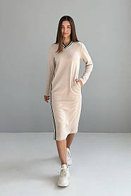 Сукня жіноча пряма трикотажна міді з лампасами і розрізом збоку 44-54 разміри бежева