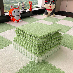 Дитячий килим пазл з ворсом 20шт (30×30см), Зелений з білим / Килимок-пазл плюшевий / Пазли на підлогу