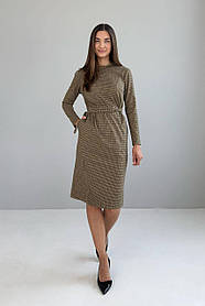 Сукня жіноча класична в клітинку до коліна з поясом трикотажна 44-56 разміри гірчична