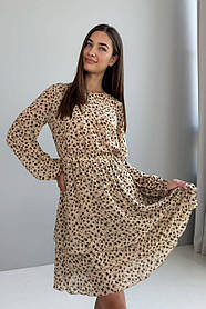 Сукня жіноча шифонова з довгими рукавами та принтом вільного крою 44-50 разміри бежева