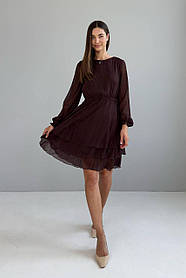 Сукня жіноча шифонова з довгими рукавами та принтом вільного крою 44-50 разміри коричнева