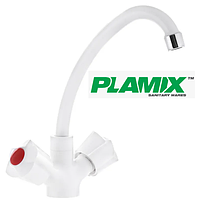 Пластиковий кран для кухні білий кухонний змішувач двовентильний білого кольору пластмасовий для мийки