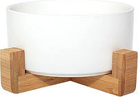 Керамічна миска для домашніх тварин 480 мл з бамбуковою підставкою для собак та котів біла
