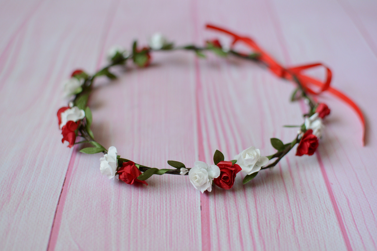 Вінок на голову / віночок для волосся з квітами біло-червоний 569, фото 1