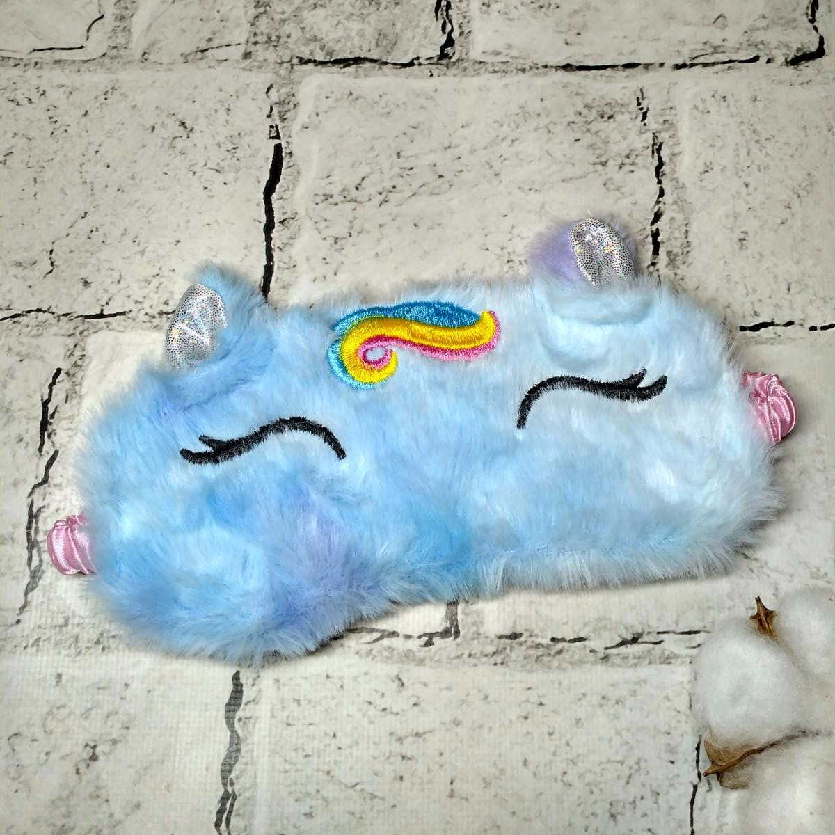 Маска для сну плюшева Єдиноріг 19х9 см Блакитна 20240-5