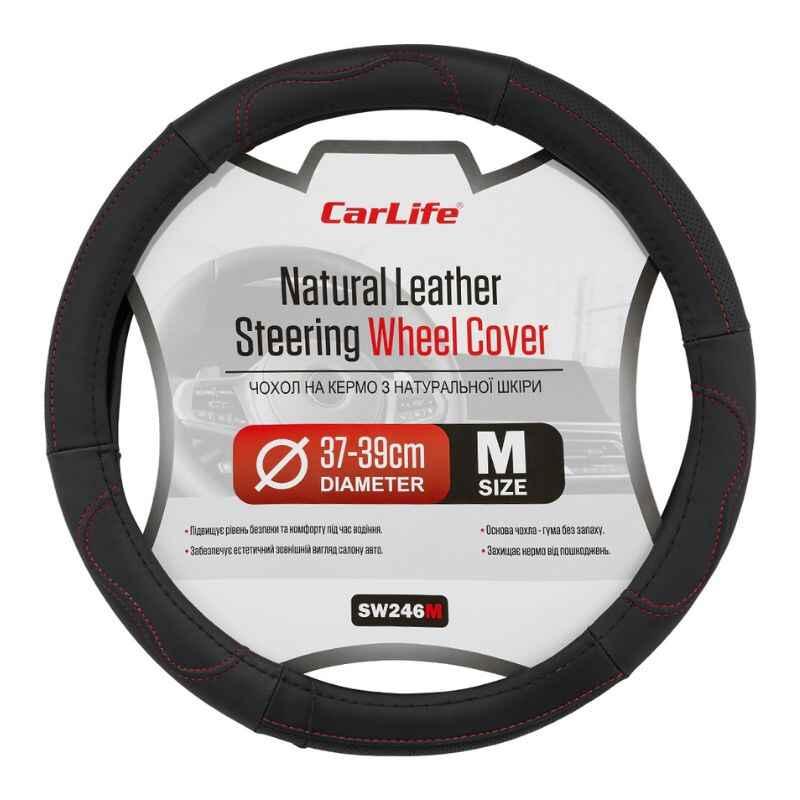 Шкіряний чохол на кермо Carlife 37-39 см чорний з червоною стрічкою (SW246M), фото 1