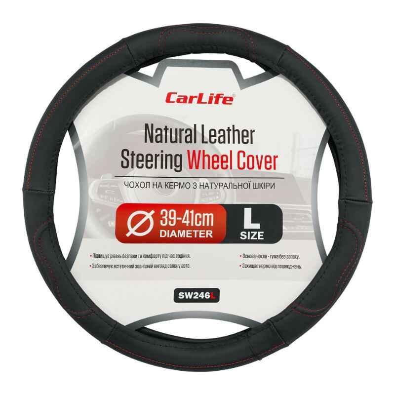 Шкіряний чохол на кермо Carlife 39-41 см чорний з червоною стрічкою для авто (SW246L), фото 1
