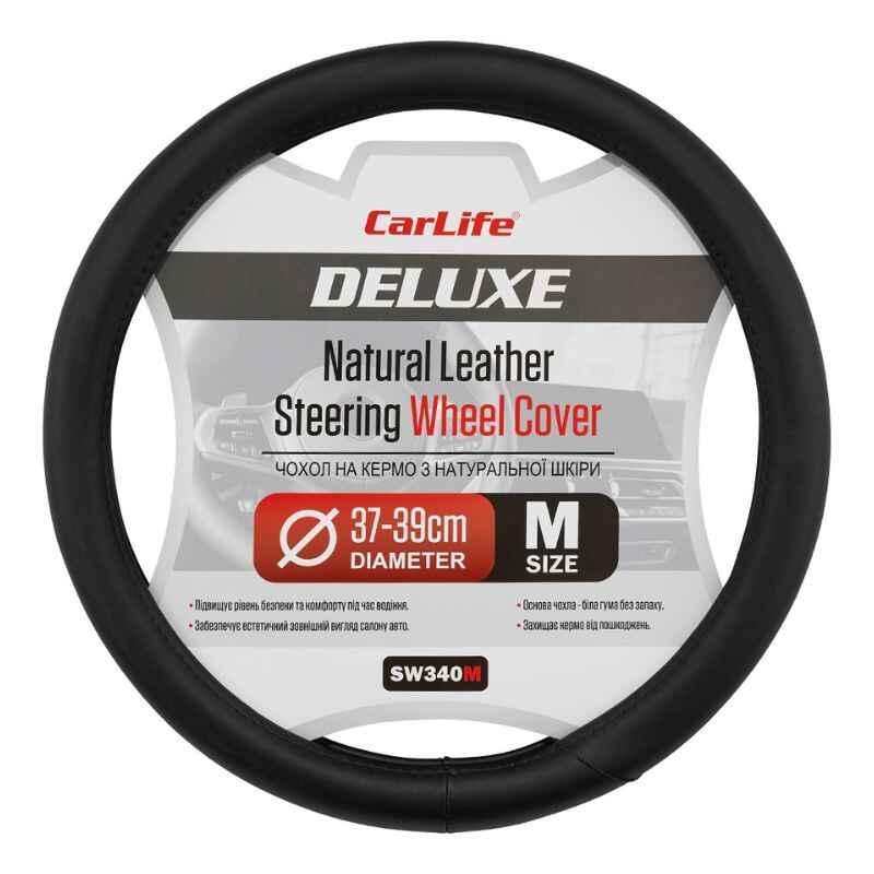 Чохол для керма Carlife шкіряний чорний з білою гумою 37-39 см одинарний шов (SW340M), фото 1