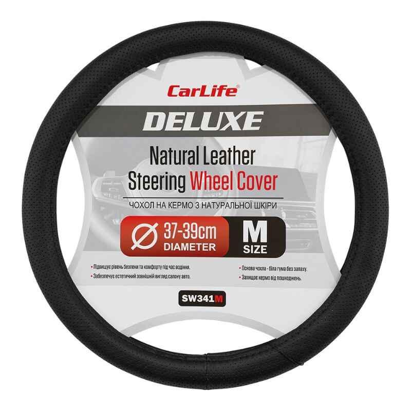 Чехол на руль Carlife 37-39см, кожа, черн, белая основа, один шов, перф. (SW341M), фото 1