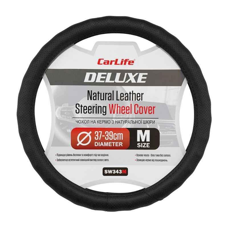 Чохол для керма Carlife шкіряний чорний з білою гумою перфорація 37-39см один шов (SW343M), фото 1