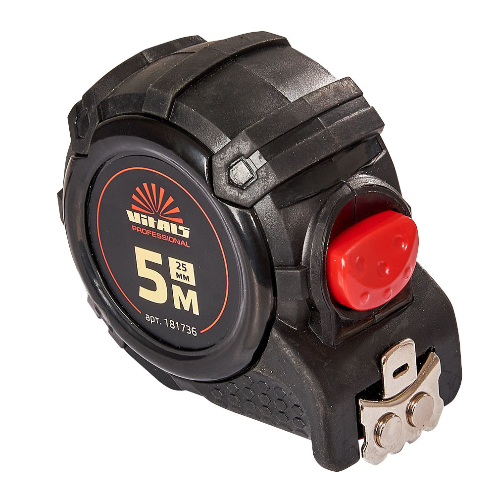 Рулетка гумова з нейлоновим покриттям полотна 5 м × 25 мм автостоп Vitals Professional, фото 1