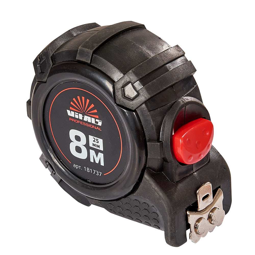 Рулетка гумова з нейлоновим покриттям полотна 8 м × 25 мм автостоп Vitals Professional, фото 1