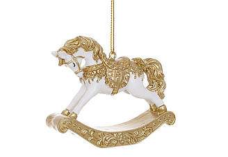 Ялинкова іграшка Символ року 2026 — Кінь-гойдалка 6.5 см, білий із золотом
