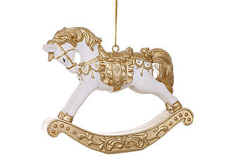 Ялинкова іграшка Символ року 2026 — Конячка-гойдалка 9.5 см, золото з білим