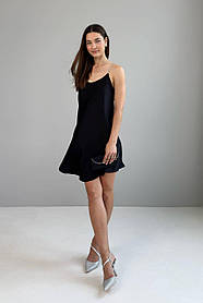 Легка жіноча шовкова сукня А-силуету на блискучих бретелях міні 44-50 разміри чорна