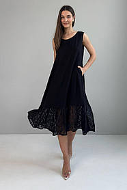 Літня жіноча сукня міді без рукавів з мереживним воланом вільного крою 44-50 разміри чорна