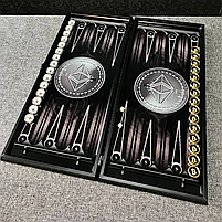 Нарди скляні Bitcoin фішки з латуні (срібні та золоті) 61×27×5см подарунокові, фото 2