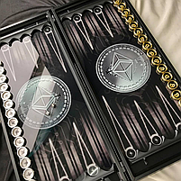 Нарди скляні Bitcoin фішки з латуні (срібні та золоті) 61×27×5см подарунокові, фото 4