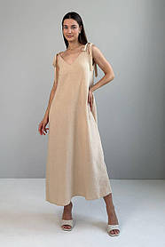 Лляна літня сукня-сарафан вільного крою на бретелях-зав’язках довга 44-50 разміри бежева