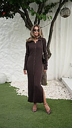 Жіноче пряме трикотажне плаття міді зі 100% бавовни з розрізами та ґудзиками з коміром поло