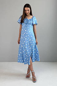 Лляна літня сукня з квітковим принтом нижче колін 44-50 разміри блакитна