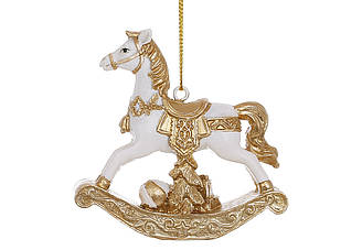 Ялинкова підвіска Символ року 2026 — Конячка-гойдалка 8 см, білий із золотом
