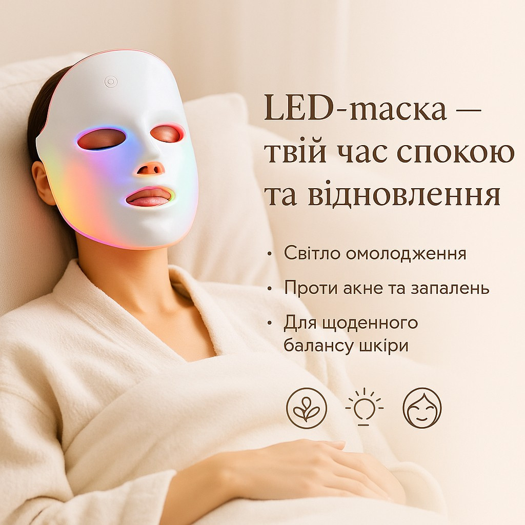 Світлодіодна LED маска для обличчя 7 в 1 з кольоровою світлотерапією для догляду та поліпшення шкіри, фото 1