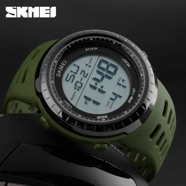 Годинник Skmei 1167AG Army Green | Спортивний водостійкий годинник з підсвіткою та будильником, хакі, фото 1
