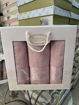 Набір рушників 3 шт для обличчя (2 шт) та лазні (1 шт) в коробці на подарунок бавовняні махрові Туреччина Gulcan