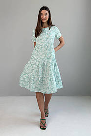 Штапельна літня сукня з квітковим принтом та завищеною талією 44-54 разміри м'ятний принт