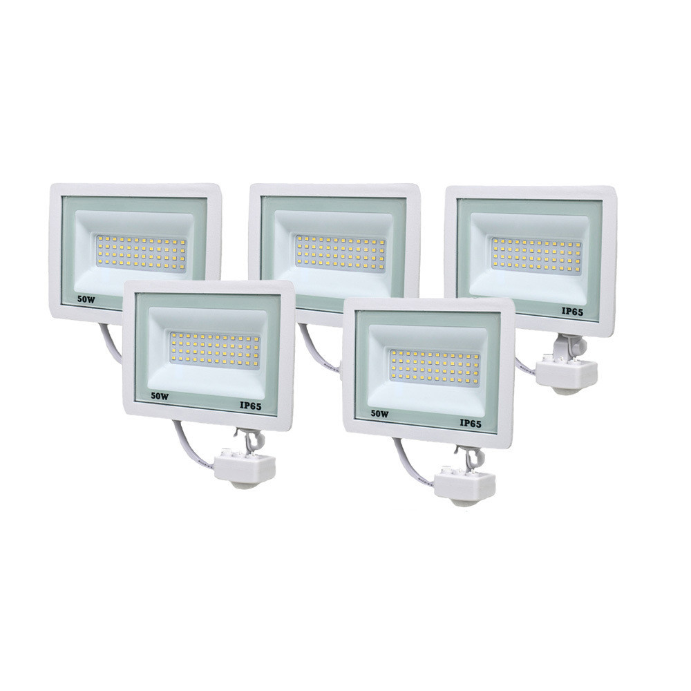 Комплект із 5 світлодіодних прожекторів Lightwell 50W з датчиком руху (LW-FL-W-50-S), фото 1