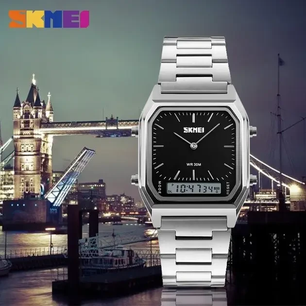 Годинник Skmei 1220SIBK Silver Black | Чоловічий електронний годинник з підсвіткою, секундоміром та будильником, корпус сріблястий, фото 1