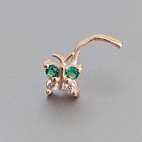 Пірсинг у ніс метелик із золота з білими та зеленими фіанітами