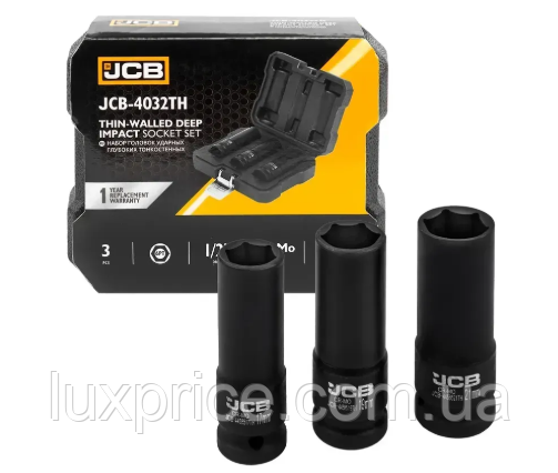 Набір головок глибоких ударних тонкостінних 3 од. 1/2" (6-гр.) JCB Tools JCB-4032TH, фото 1