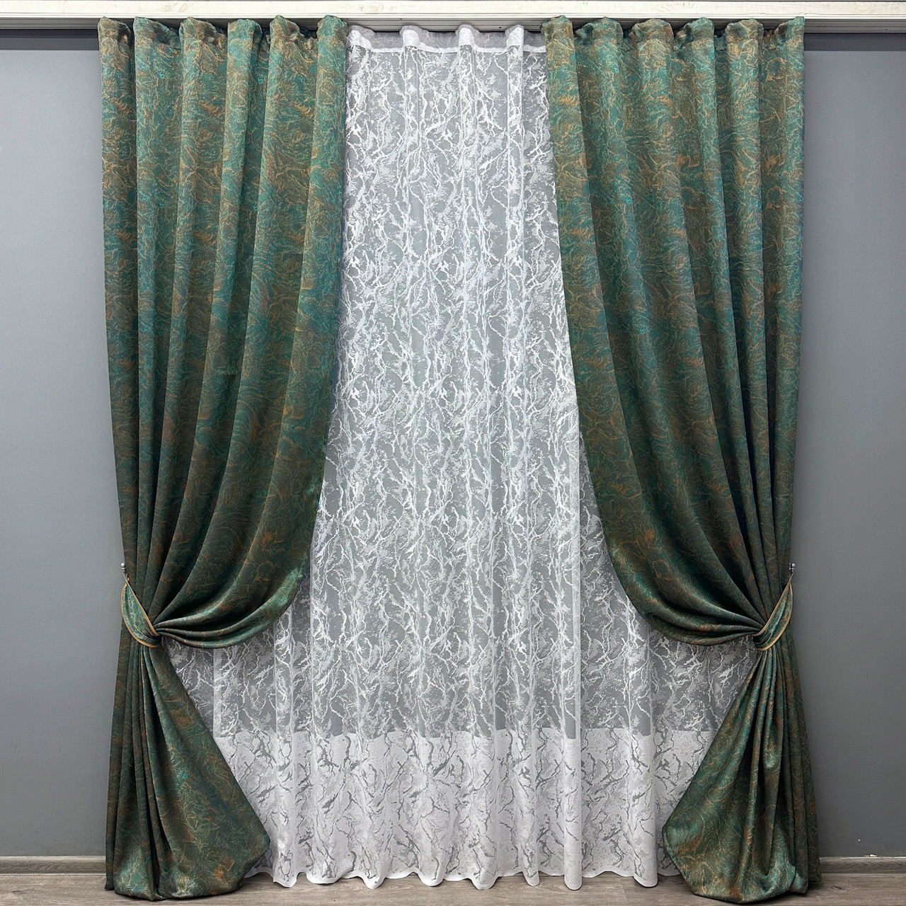 Комплект (2шт 1x2,7м + 3х2,7м) штор жакард "Fantasy" з тюлем, колір смарагдовий з білим (1633ш-1783т) 71-048/1, фото 1