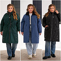 Жіноча подовжена демісезонна куртка на блискавці супербатал: 52-54, 56-58, 60-62, 64-66, 68-70 - чорний, джинс