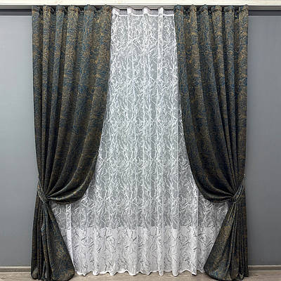 Комплект (2шт 1x2,7м + 3х2,7м) штор жакард "Fantasy" з тюлем, колір синій з білим (1634ш-1783т) 71-049/1