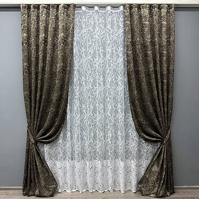 Комплект (2шт 1x2,7м + 3х2,7м) штор жакард "Fantasy" з тюлем, колір венге з білим (1632ш-1783т) 71-051/1