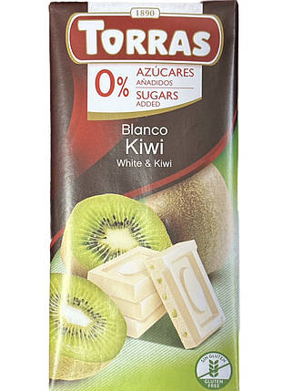 Шоколад TORRAS білий з ківі без цукру та глютену 75 г, фото 1