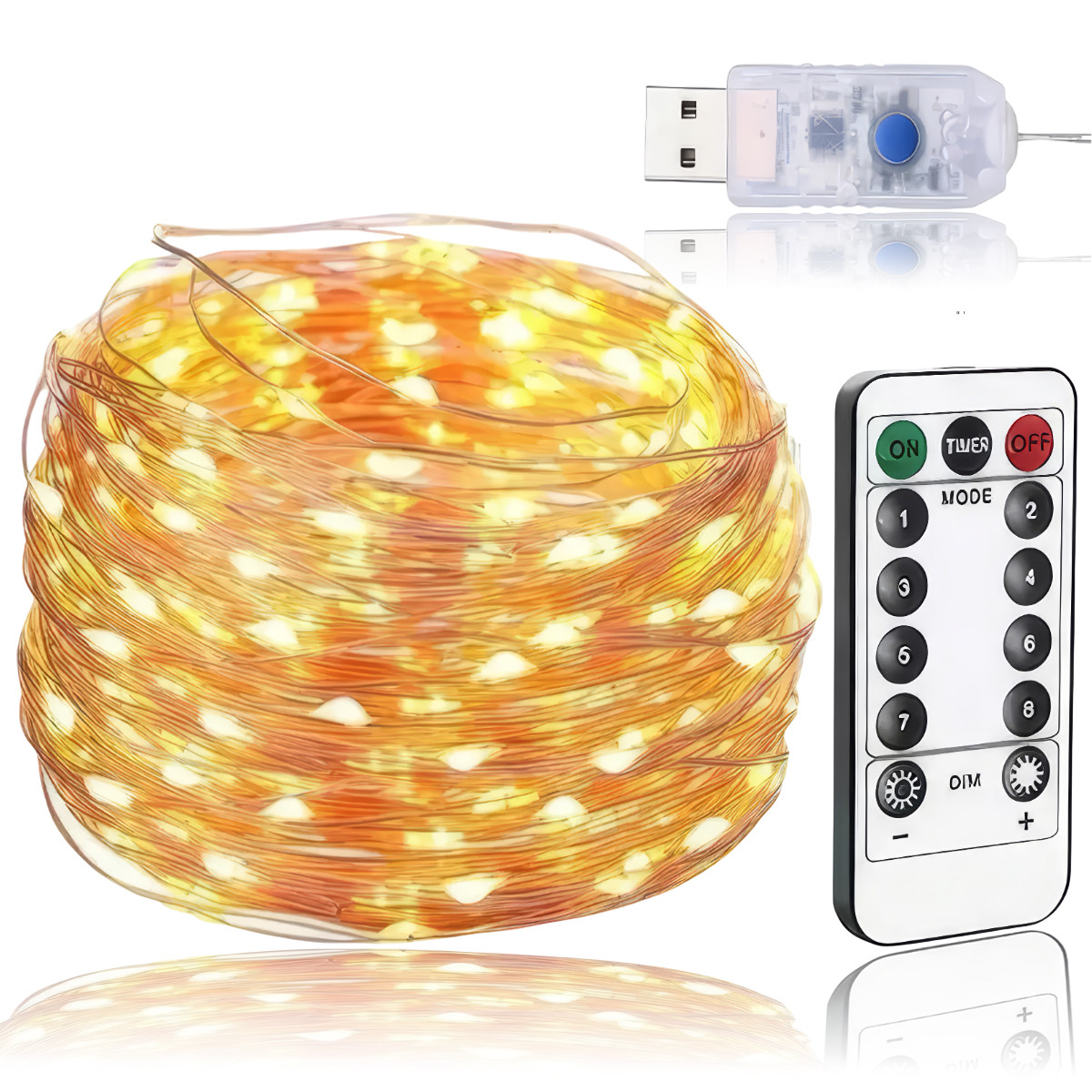 Новорічна LED гірлянда з сірим проводом з пультом управління та живленням від USB Крапля Роси Теплий Білий 20м, фото 1