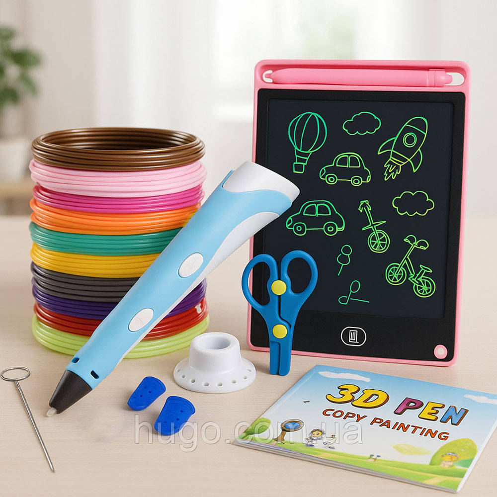 Набір 3D-ручка з трафаретами та планшетом, від мережі, 3DPEN-6, Синій / Дитяча 3д ручка / Набір для творчості, фото 1