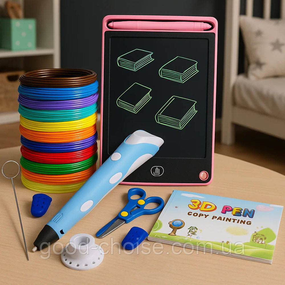Набір 3D-ручка з трафаретами та планшетом, від мережі, 3DPEN-6, Синій / Дитяча 3д ручка / Набір для творчості, фото 1