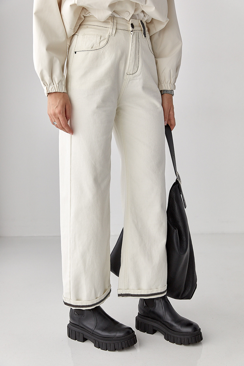 Жіночі джинси-кюлоти з контрастними швами — молочний колір, XL (є розміри), фото 1