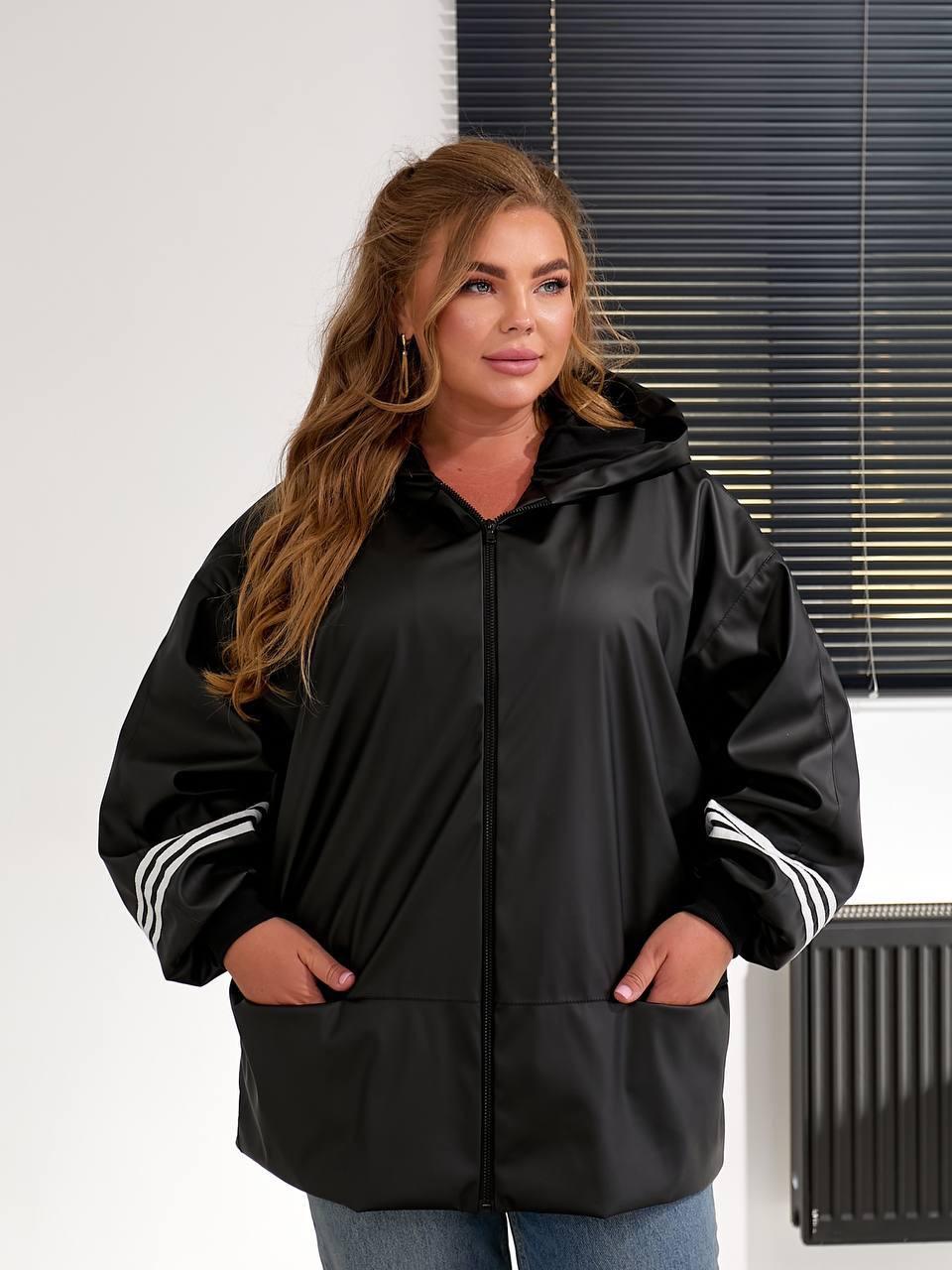 Жіноча ветровка з еко-шкіри з капюшоном, фото 1